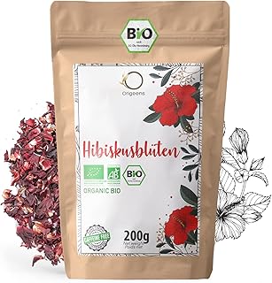 ORIGEENS HIBISKUSTEE BIO 200g Premiumqualität | Hibiskusblüten getrocknet für Tee, Früchtetee, Eistee, Karkade tee | Hibiskus Tee für Drainage Detox-Kur