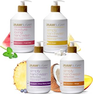 Raw Sugar Hand Wash Variety Bundle 4-Pack: Lemon Sugar, Watermelon Mint, Pineapple Berry, Coconut Mango - Sulfate-Free, Vegan, Moisturizing 16.9oz Each