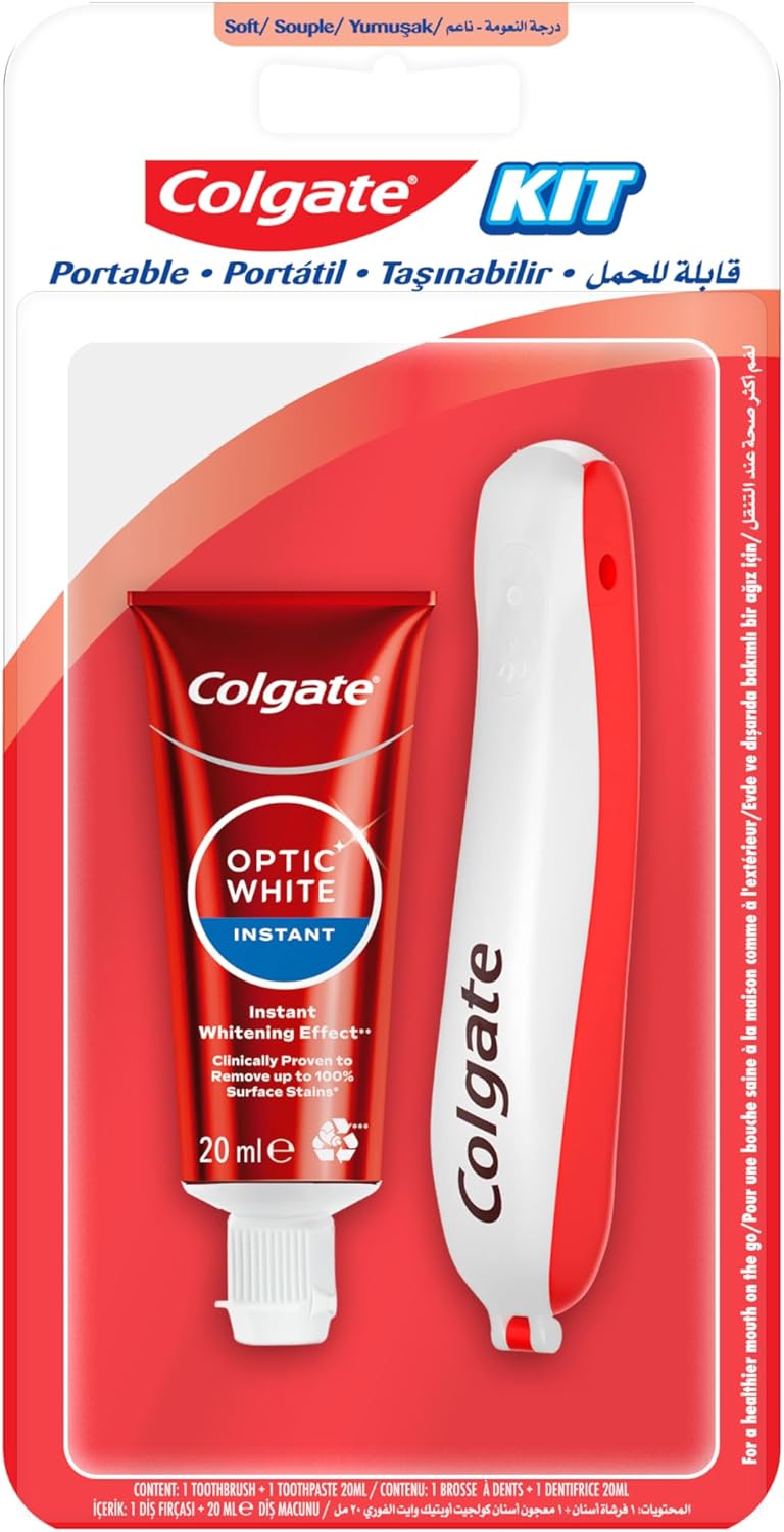 Colgate Portable Travel Oral Care Kit with Optic white Instant Teeth Whitening Toothpaste 20mL and Soft Foldable Toothbrush X 1