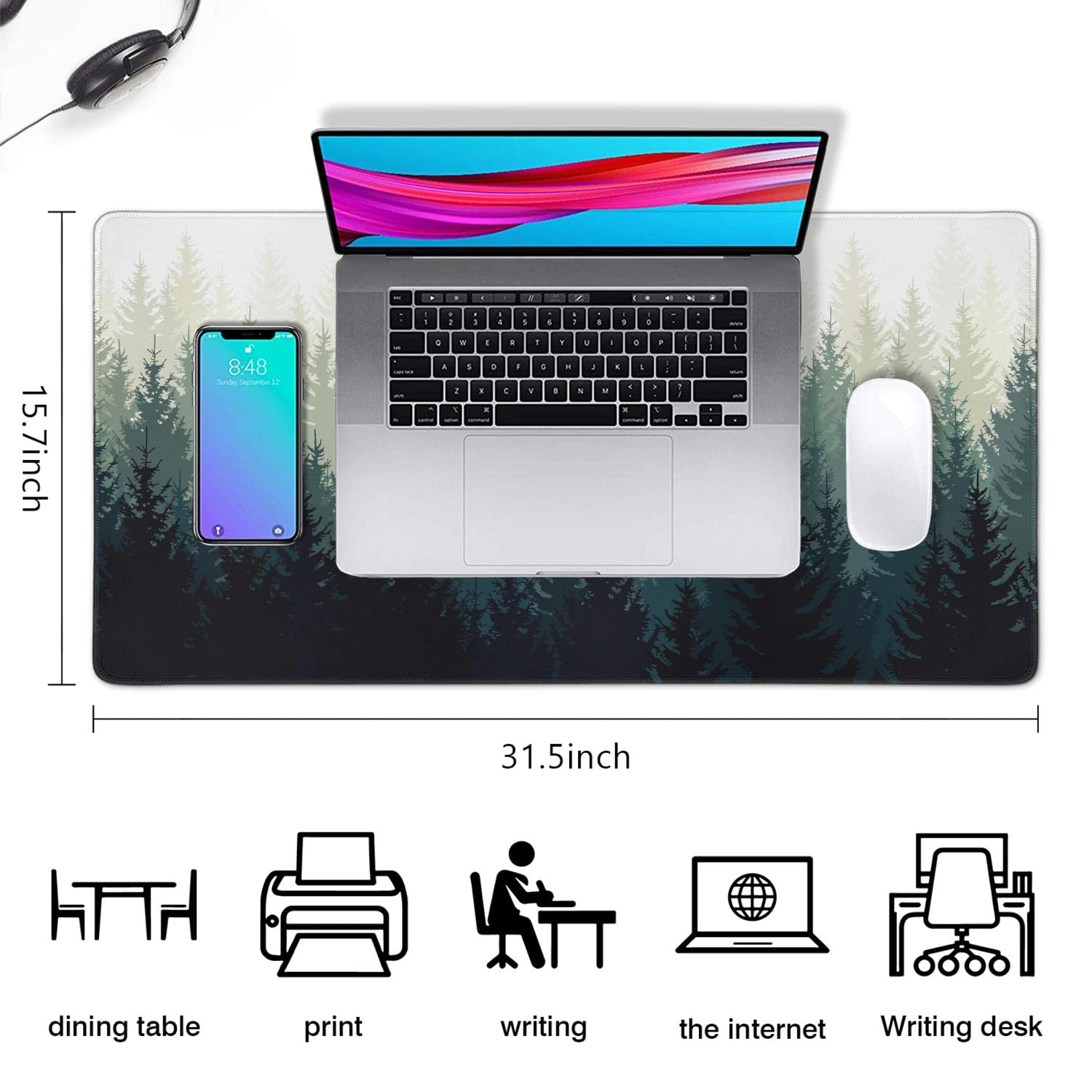 Forest - Tappetino per mouse da gioco esteso con base in gomma stabile con bordi cuciti, tappetino per mouse per tastiera XXL, tappetino da scrivania per lavoro, gioco, ufficio, casa
