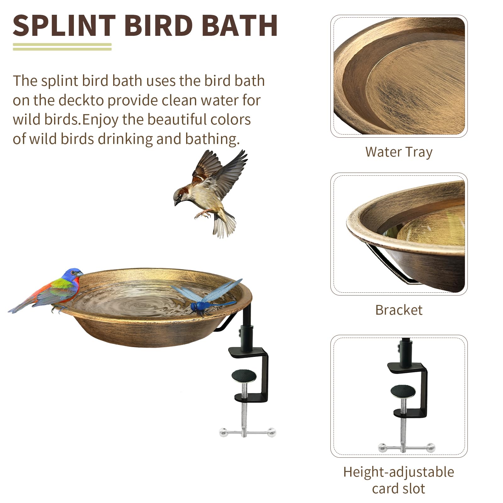 WANGIRO Baño para pájaros montado en cubierta para exteriores, cuenco desmontable para pájaros con abrazadera resistente, fácil de instalar, comedero para pájaros al aire libre para terrazas, jardín