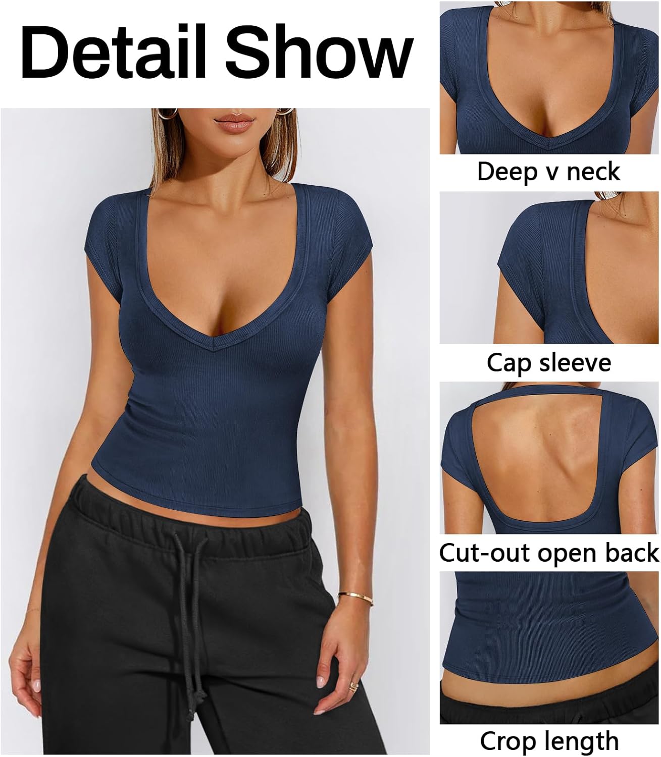 Womens Deep V Neck T Shirts for Women Ribbed Knit Slim Short Cap Sleeve Tee Casual Backless Workout Going Out Tops - Image 4