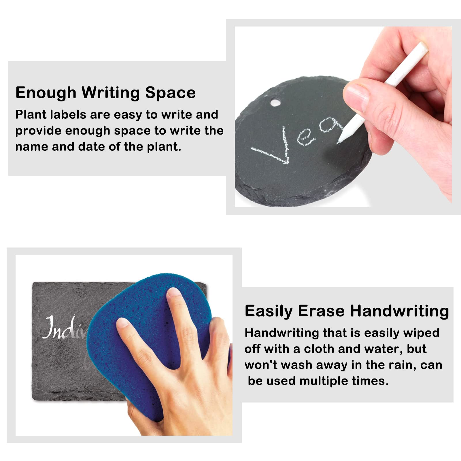 Tabliczki na rośliny, 10 sztuk, łupek, 10 x 8 cm, na zioła, odporne na warunki atmosferyczne, z 10 prętami ze stali nierdzewnej i 2 kredami do opisywania roślin, ziół, prostokątnych