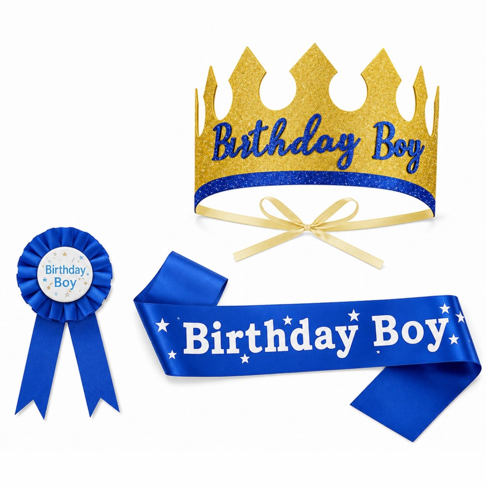 DCYQAIN 3Pcs Blue Birthday Boy Party Set, Adjustable Sash Crown Hat with Badge, Reusable Birthday Decorations for Men & Boys Birthday Celebrations