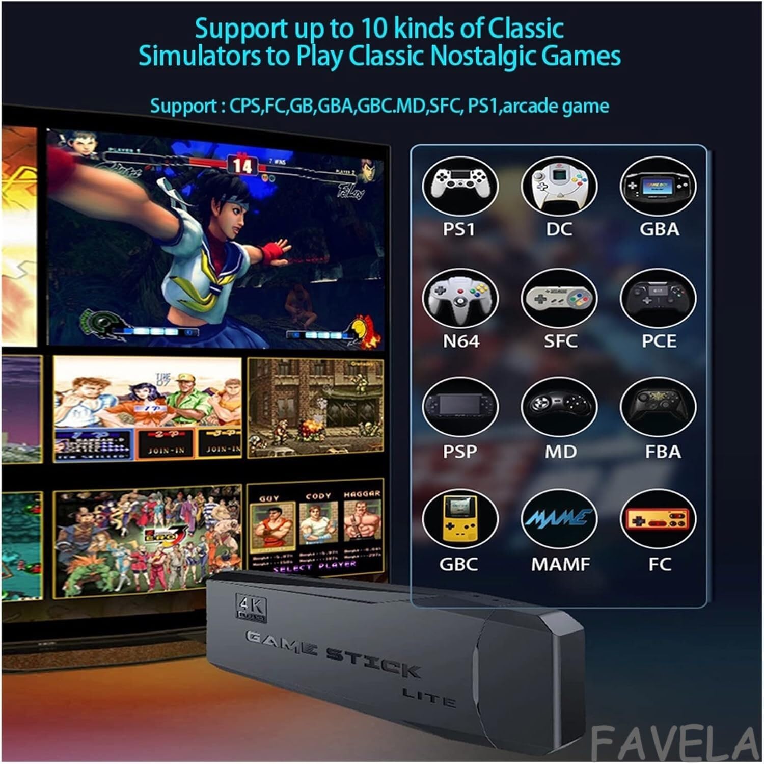 FAVELA Retro Game Stick 4K - Plug & Play TV Video Game Console with 20,000+ Classic Games, 64GB Card, 9 Emulators, Dual Wireless Controllers, HDMI Support 4