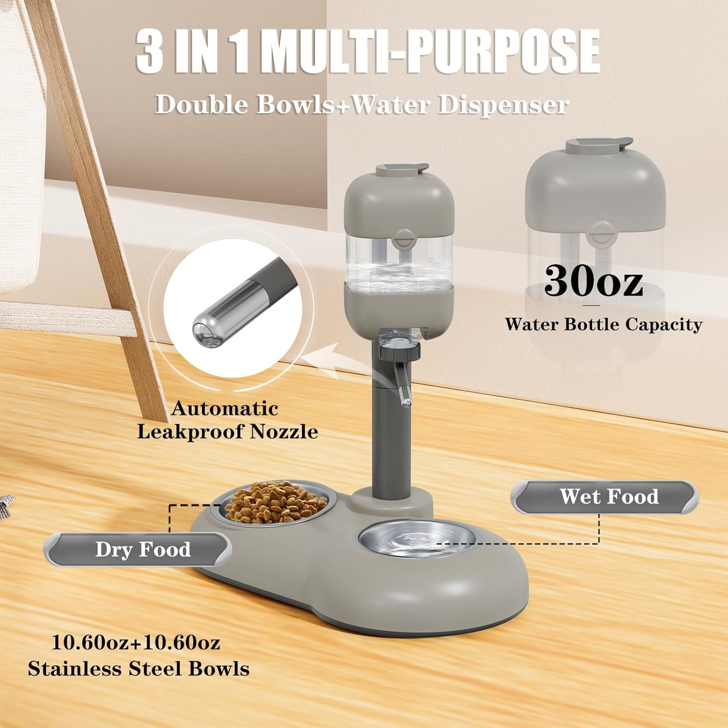 Puppy Bowls for Small Dogs,3 in 1 Dog Bowl Set with Puppy Water Bottle and 2 Food Grade Stainless Steel Bowls,15°Tilted Food and Water Bowl Set for Cats,Rabbits,Ferrets,Guineas