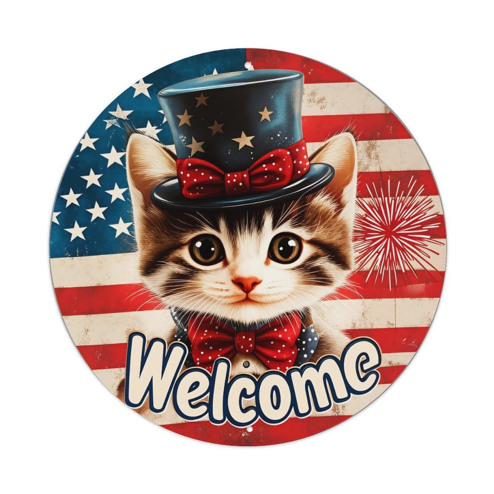 Patriotic Cat With Top Hat Vintage Metal Tin Sign Retro Wall Decor for Home Bar Garage Cafe, Indoor & Outdoor Decorative，circle Metal Poster, 8x8 Inch