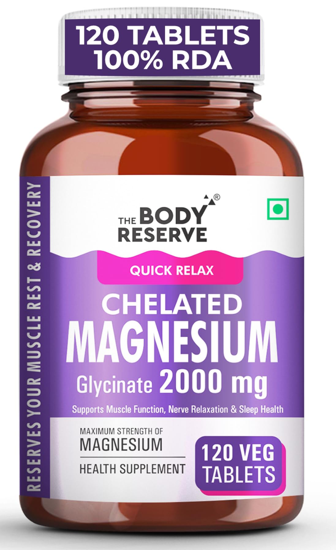 The Body Reserve Magnesium Glycinate Supplement 120 Veg Tablets, 2000mg Per Serving, High Absorption Chelated Form, helpful in Muscle & Nerve Relaxation, Better Sleep Quality for Men & Women