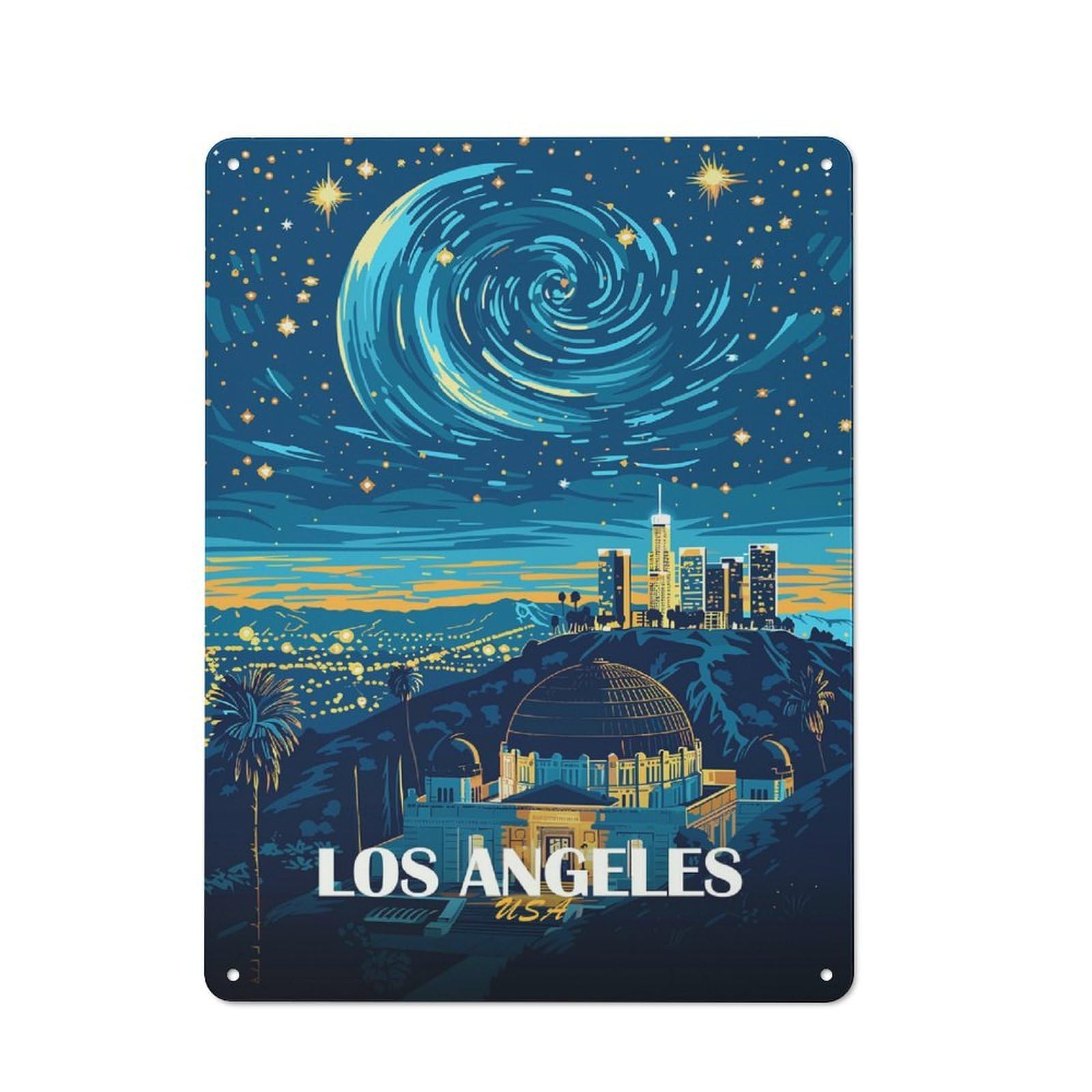 Junmoney Style-10 Tin Wall Plaque 40X30cm With Los Angeles Night Sky Illustration For Bar Or Restaurant, For Hospitality Decor Collectors