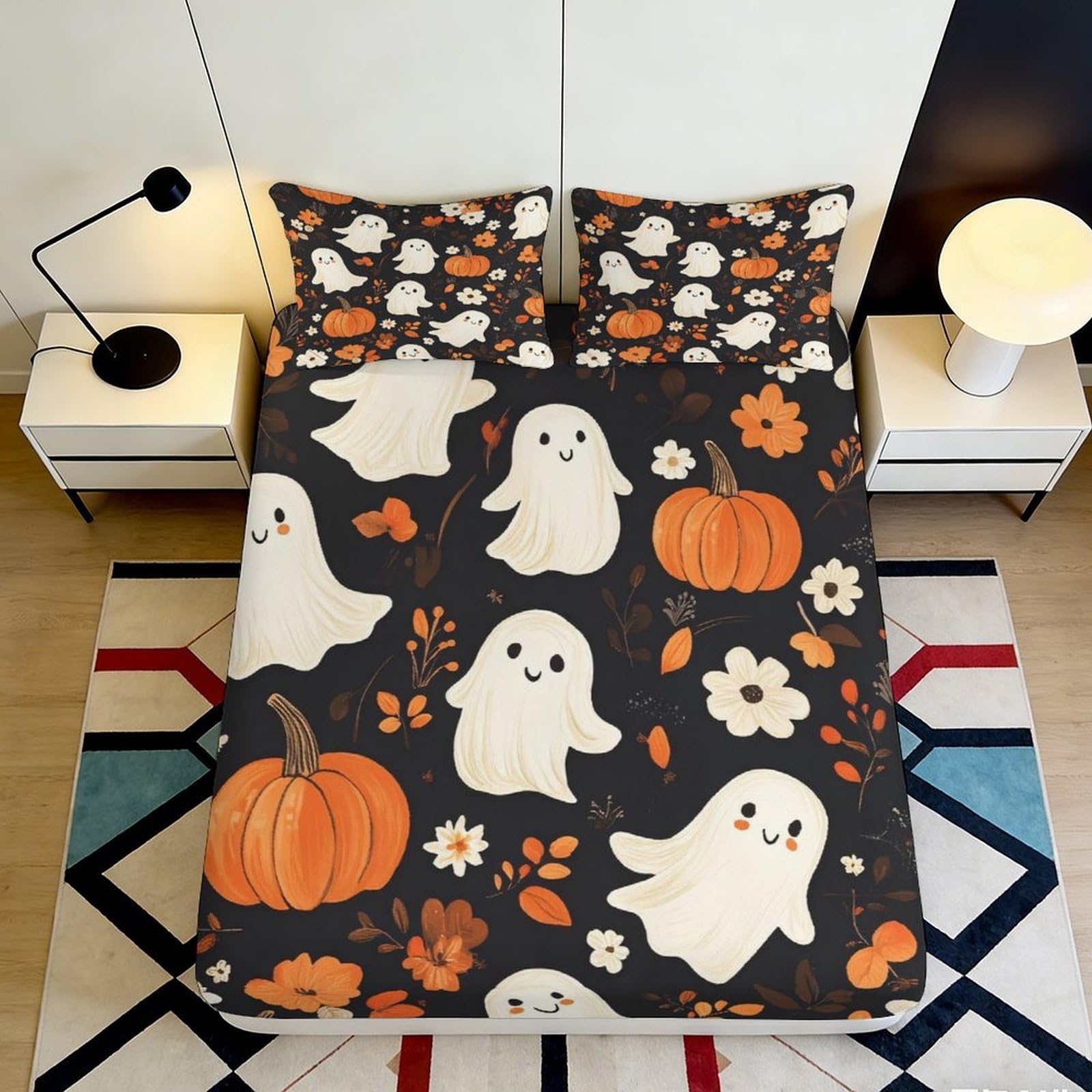 3D Printed Halloween Ghost Pumpkin Fitted Sheet Microfiber Soft Mattress Cover for Bedroom Dorm Decor 140x200x25cm