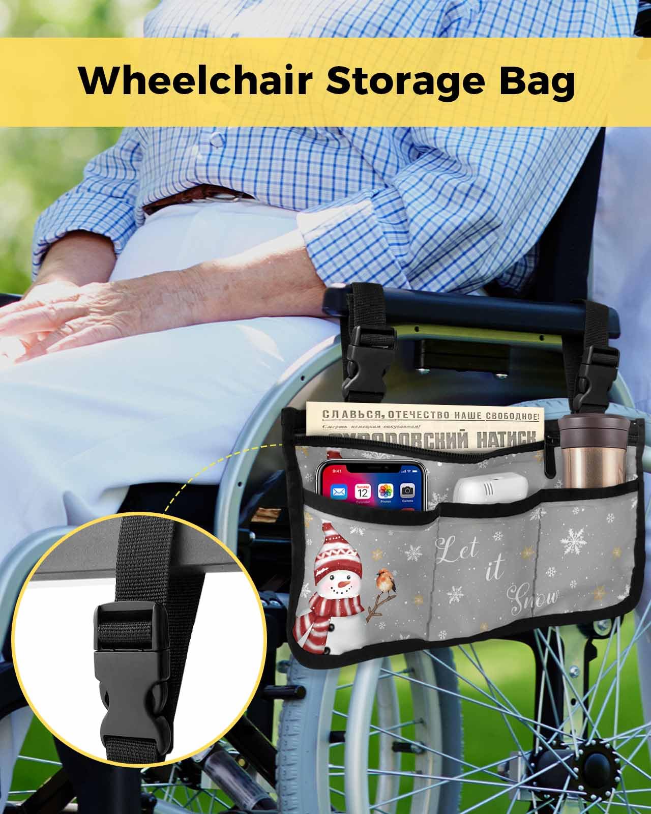 Christmas Wheelchair Side Storage Bag Snowman White Gold Snowflake Branch Bird Gray Armrest Pouch with Cup Holder and Reflective Strip Wheelchair Accessories Organizer Bags for Walkers Rollator