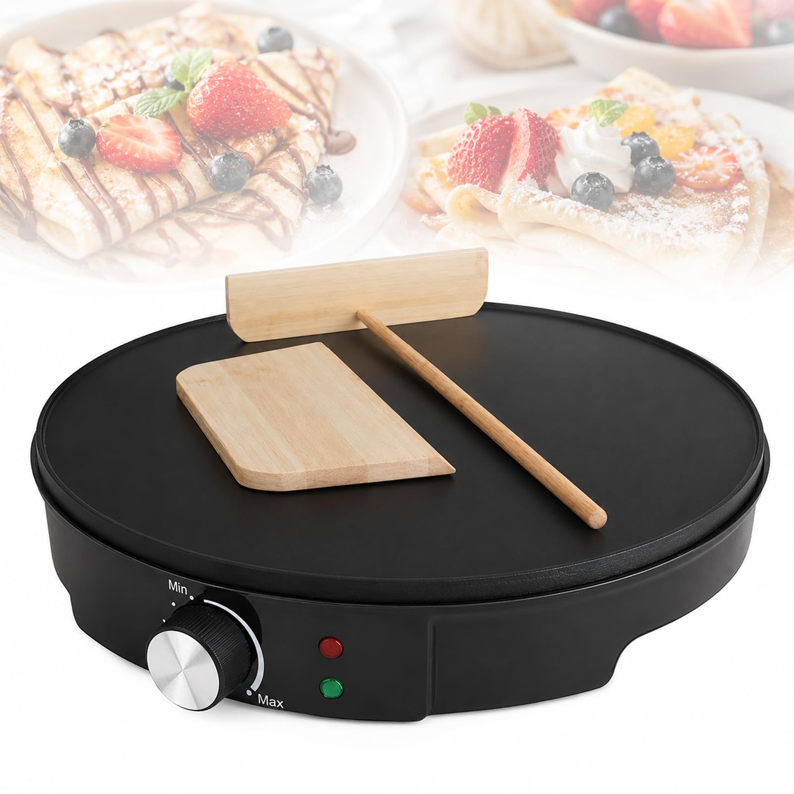 YIYIRAN Electric Crepe Maker, 1000W 12-Inch Nonstick Crepe Griddle with Adjustable Temperature, Wooden Batter Spreader and Spatula, Countertop Pancake Maker for Crepes, Roti and Breakfast