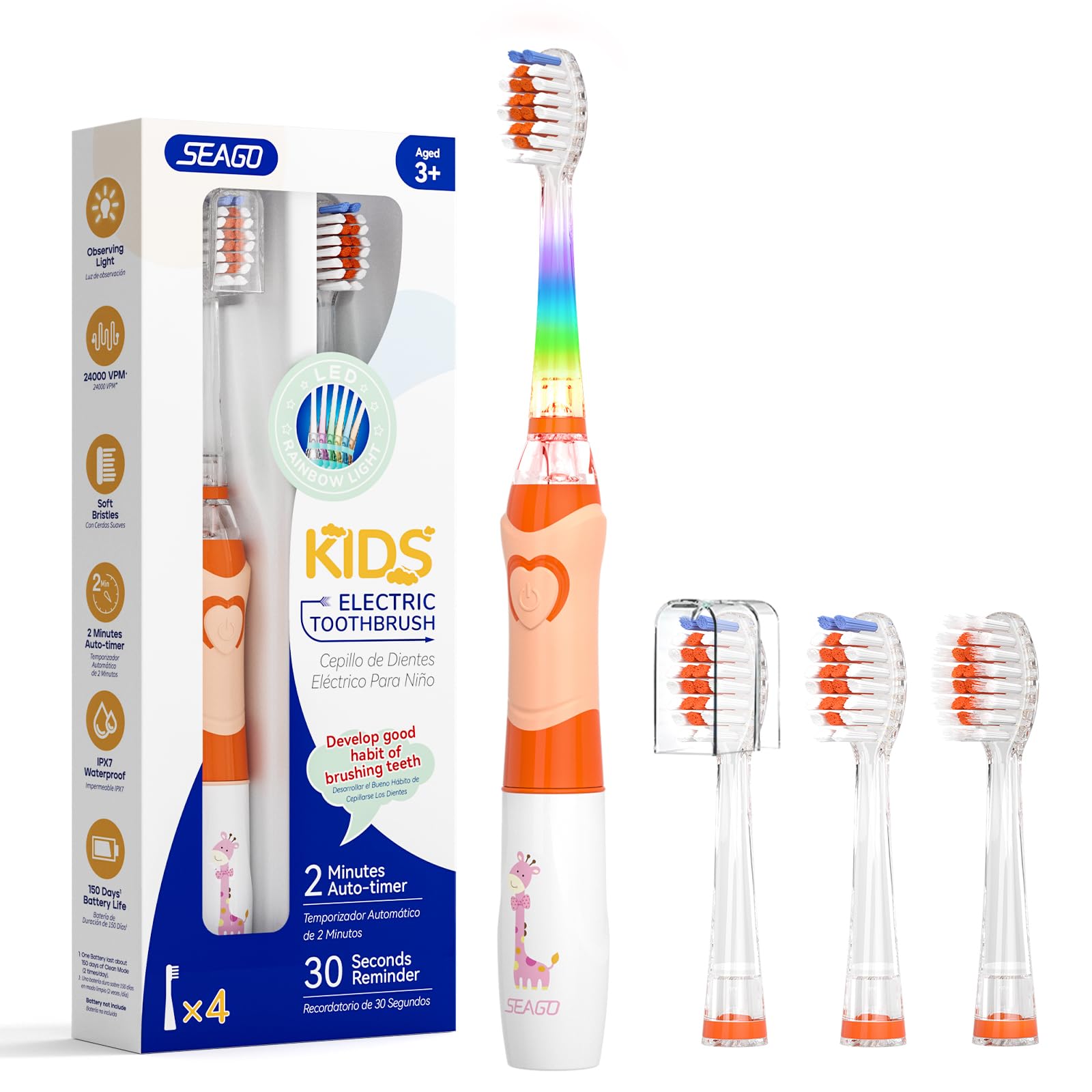 Seago Elektrische Zahnbürste Kinder ab 2, Kinderzahnbürsten mit 4 Extra Weiche Bürstenköpfe und LED Licht, 4 Modi 24000VPM Smart Timer Schallzahnbürste für Kleinkind Mädchen Jungen, SG-977(Orange)