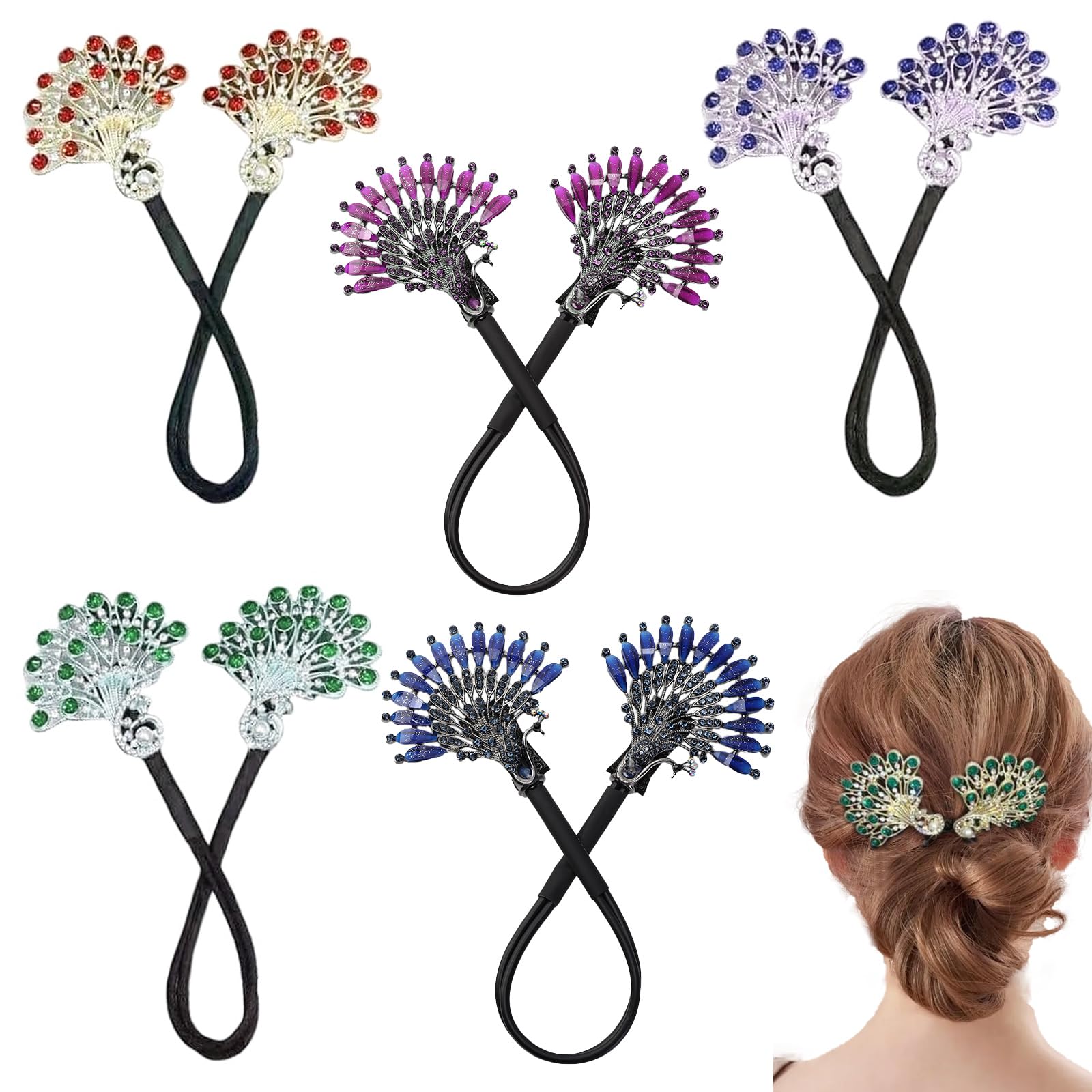 5 Stück Kristall-Haarknotenmacher Pfauenform, gedrehte Frisur, Dutt, modisch, faule Lockenwickler, elegante Strass-Haarspangen, Dutt-Maker für langes Haar, einfaches schnelles Schnapprollen,