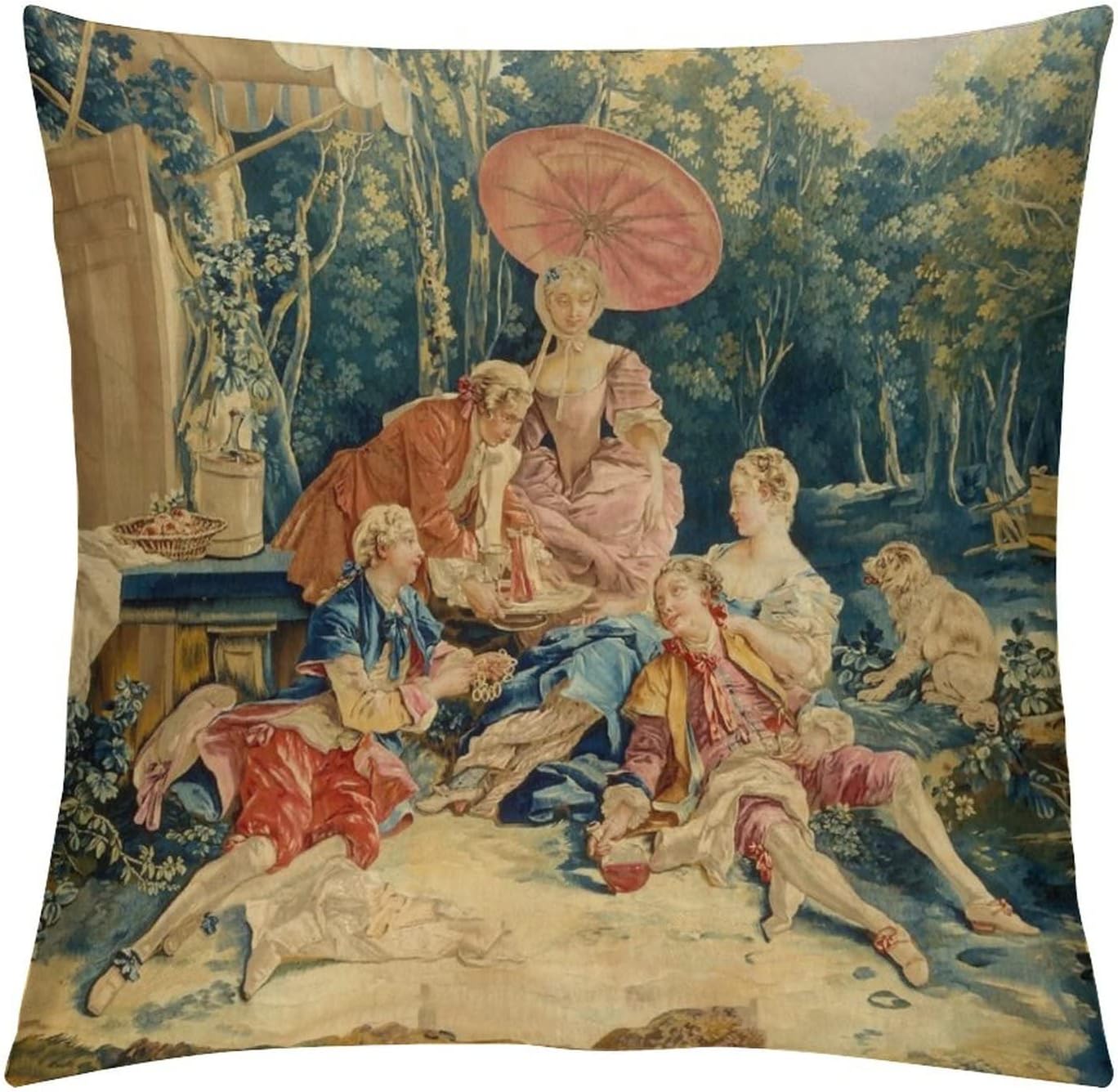 French Antique Aubusson Tapestry Pastoral Picnic Throw Pillow Case Square Cozy