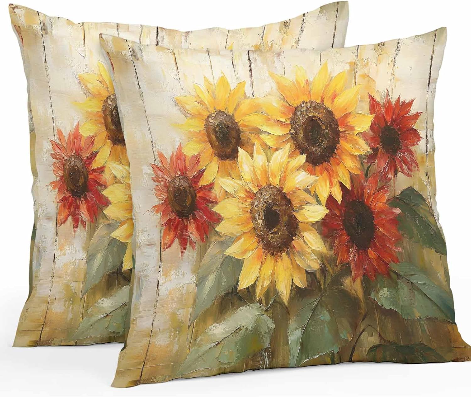Outdoor Waterproof Throw Pillow Covers 2 Pack Pillowcases Yellow Red Sunflower Leaf Pillow Protectors Retro Oil Painting Decorative Cushion Cases for Patio Garden 18x18 Inch