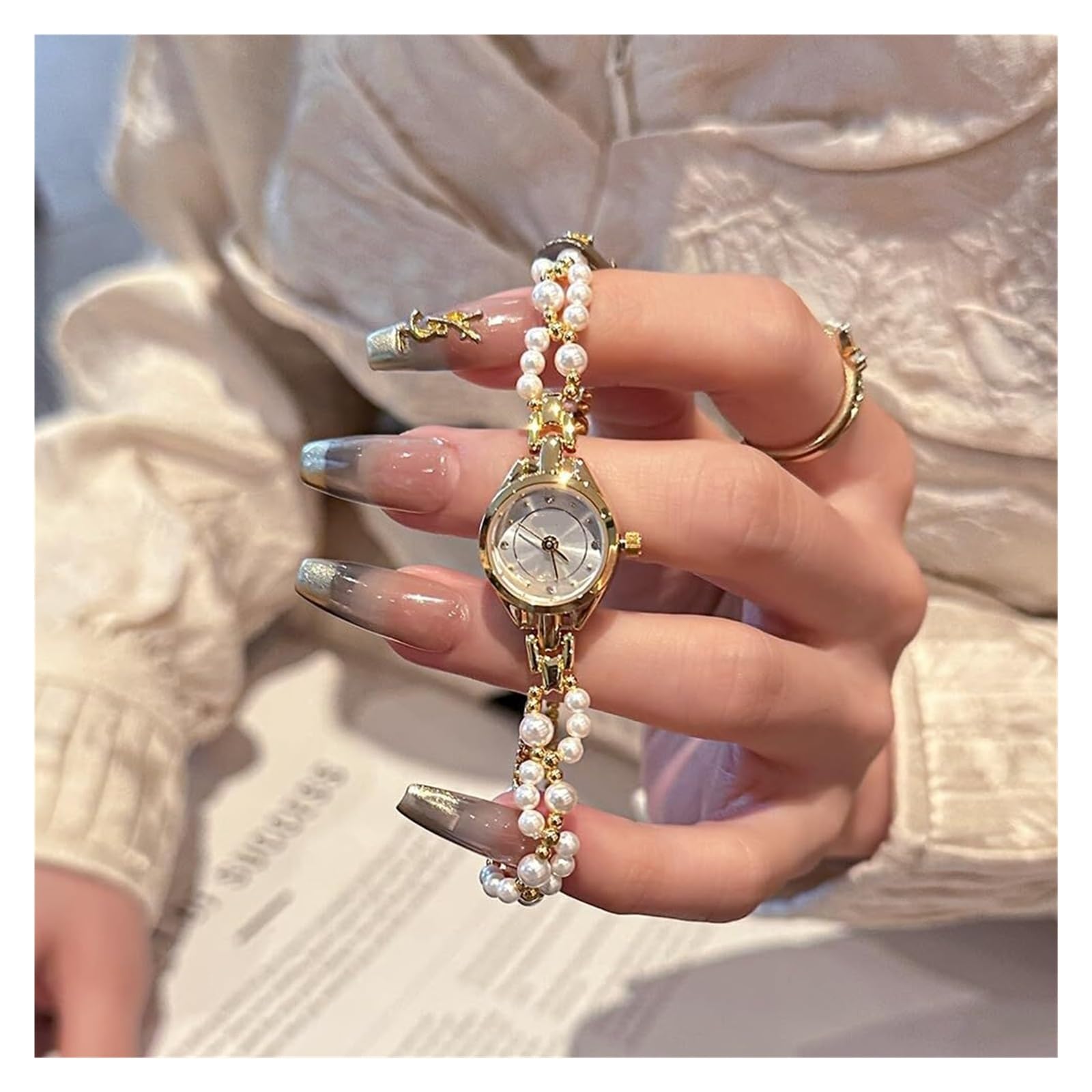 Elegante, zierliche Damen-Quarzuhr, luxuriöses Perlenarmband, modische Damen-Armbanduhr mit Verstellbarer Kette Armbanduhr(Gold White)