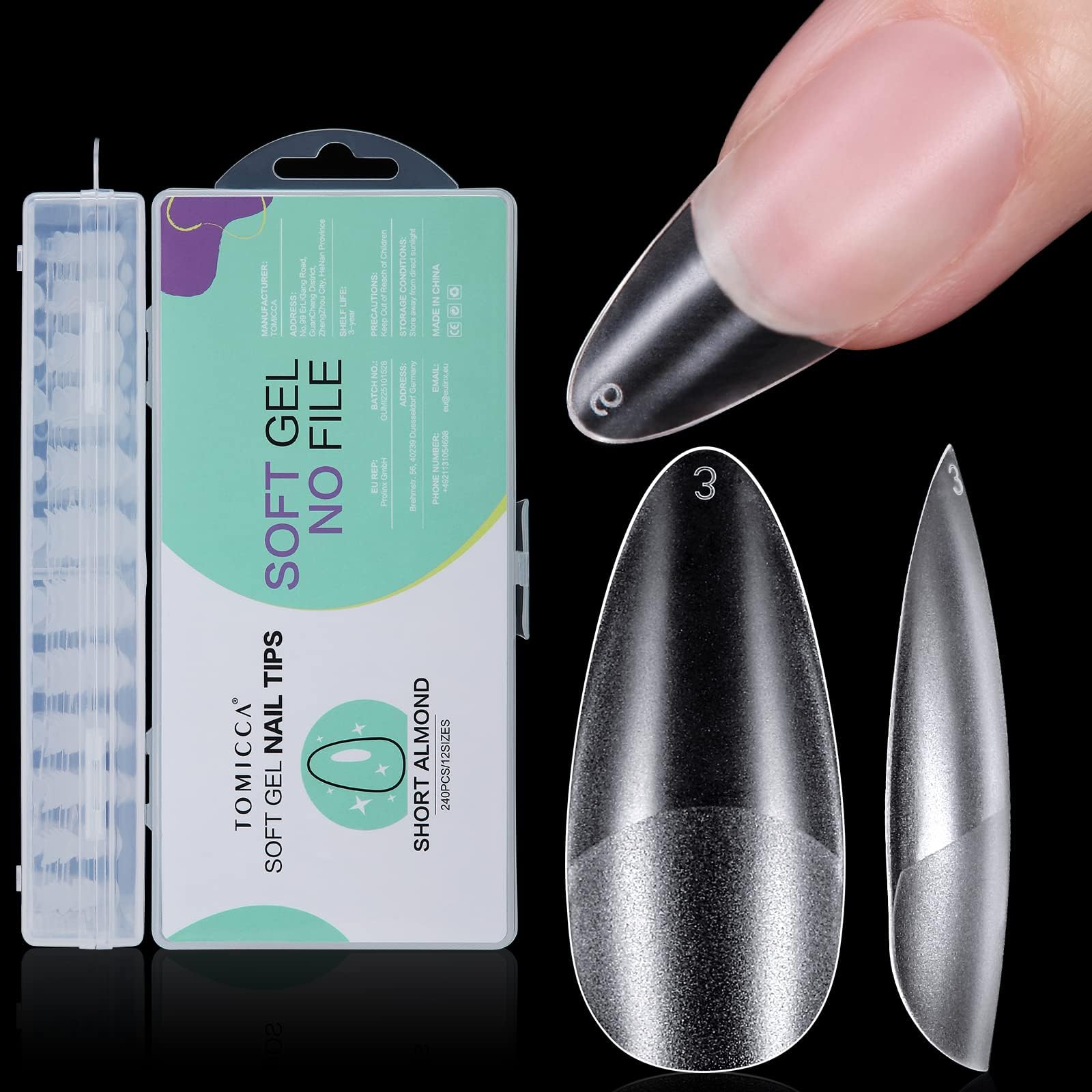 TOMICCA240Pcs Short Almond Nail Tips - Acrylic Full Cover Matte No-File Extensions | Pre-Buffed Traceless Fit for Salon & Home DIY, 12 Sizes (Clear)