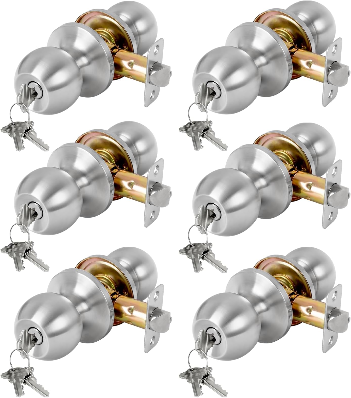 6 Pack Keyed Entry Door Knob with Lock and Key, Exterior and Interior Door Knob for Bedroom or Bathroom, Satin Nickel, Not Keyed Alike