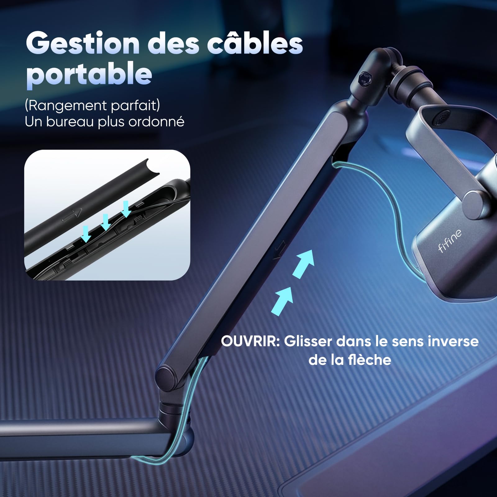 FIFINE Bras de Micro, Suspension Supports de Microphone, pour K658 AM8 K688 A8 etc., avec Pince de Montage sur Bureau, Adaptateur à Vis, Gestion des Câbles, pour Podcast, Streaming, Studio, Gaming