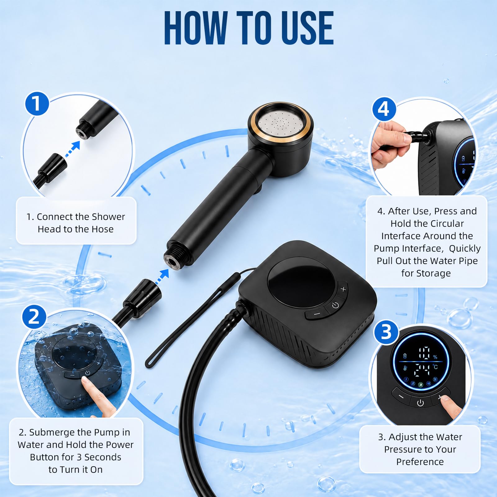 Doccia Da Campeggio con Secchio Pieghevole 20L, 8000mAh Doccia Ricaricabile Portatile Impermeabile IPX7 con Display Digitale Soffione Regolabile Doccia da Esterno per Spiaggia Animali Auto Giardino