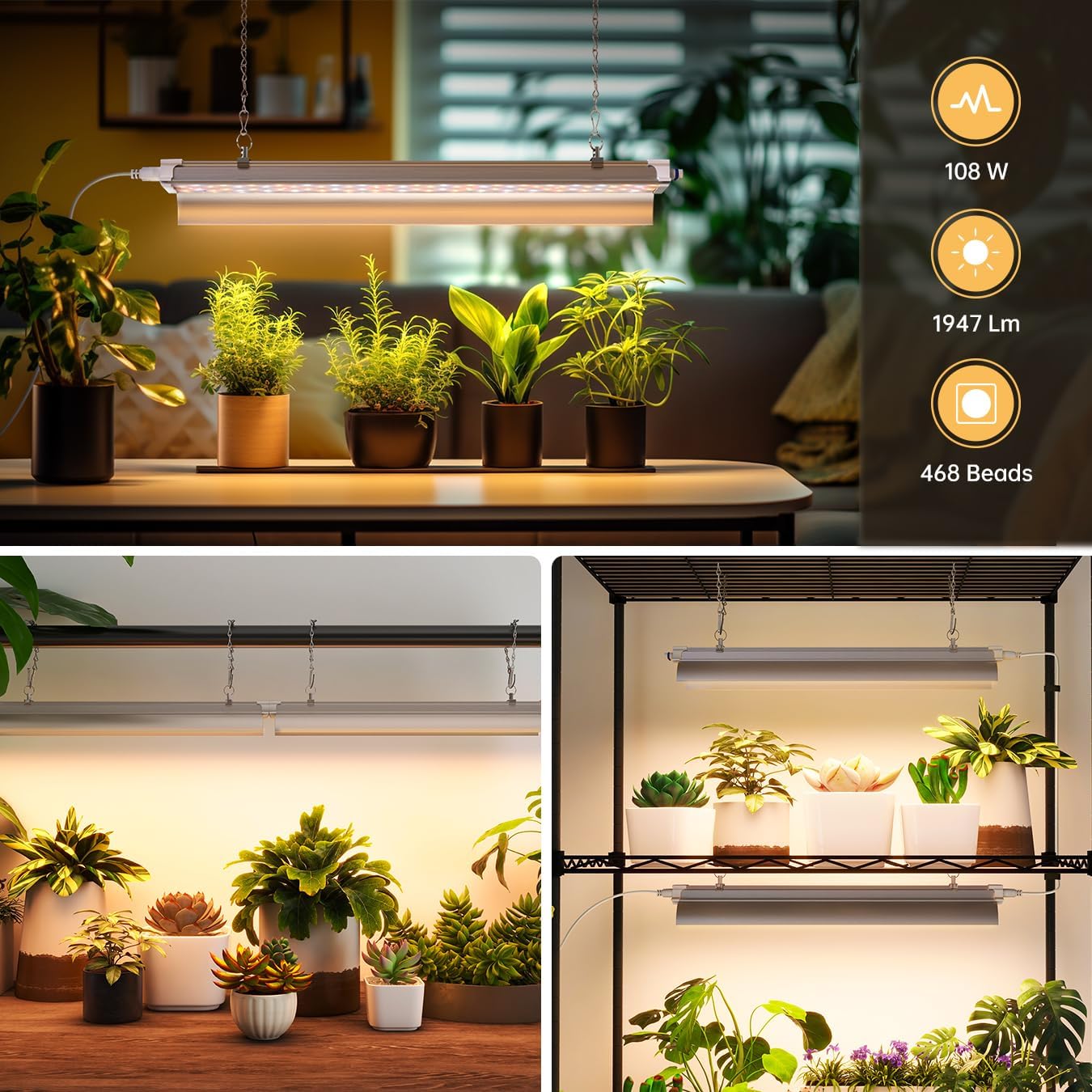 LED Grow Lights 1.4FT for Indoor Plants Full Spectrum, 660nm Hanging Grow Light 3600K, Led Plant Grow Lights for Indoor Plants, Grow Lamp with Reflectors 108W(6×18W), 6 Pack
