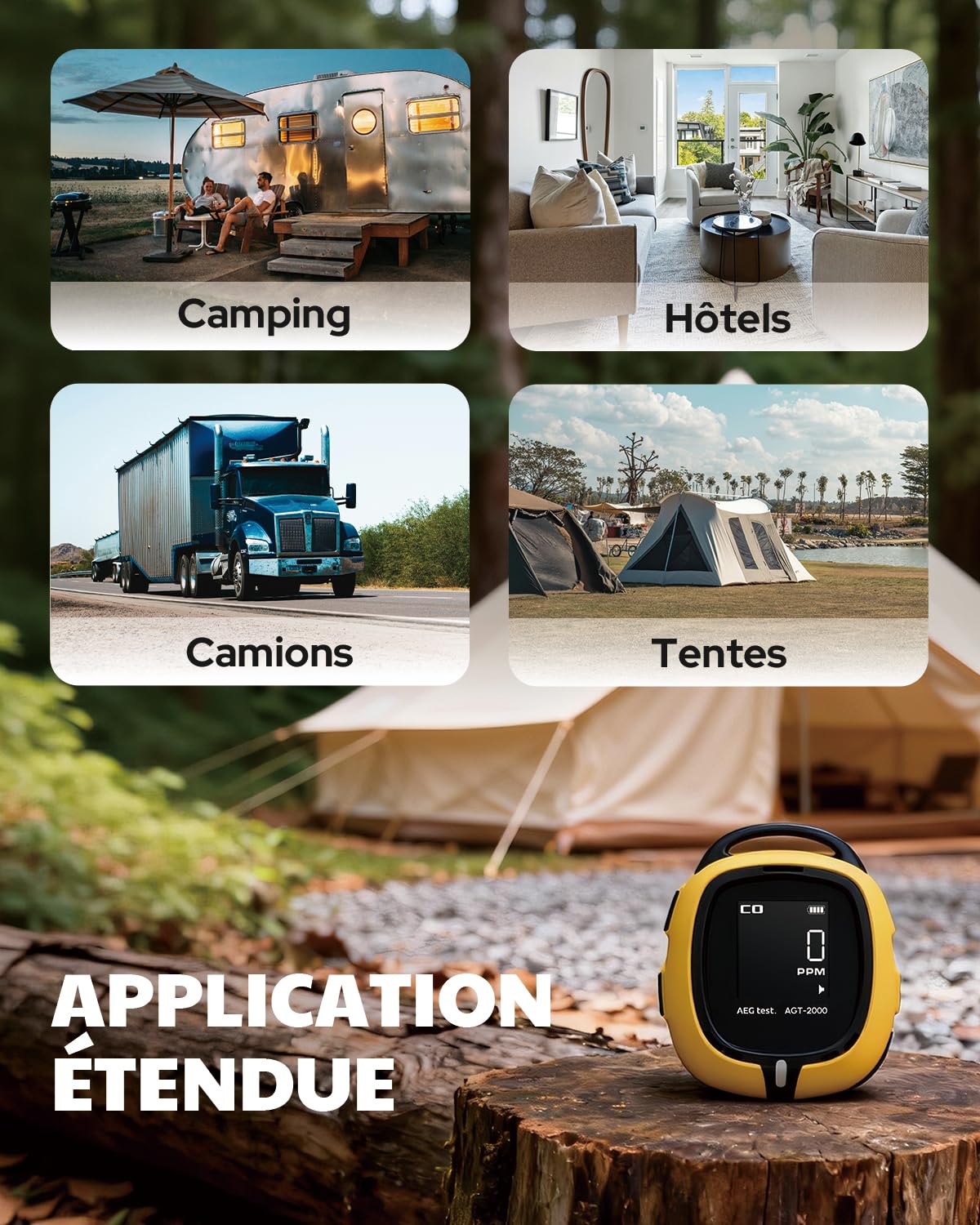 AGT-2000 Détecteur de Monoxyde de Carbone Portable pour Le Voyage, 240 H d’Autonomie, Détecteur CO avec Alertes Sonores et Visuelles, Rechargeable, avec Lampe d’Urgence Intégrée