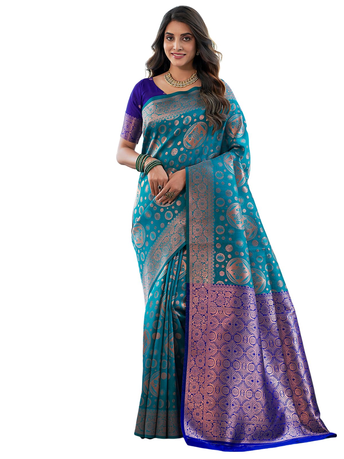 Satrani Women's Jacquard Work Kanjivaram Silk Blend Saree With Unstitched Blouse Piece (3732S139N_Blue & Dark Blue)