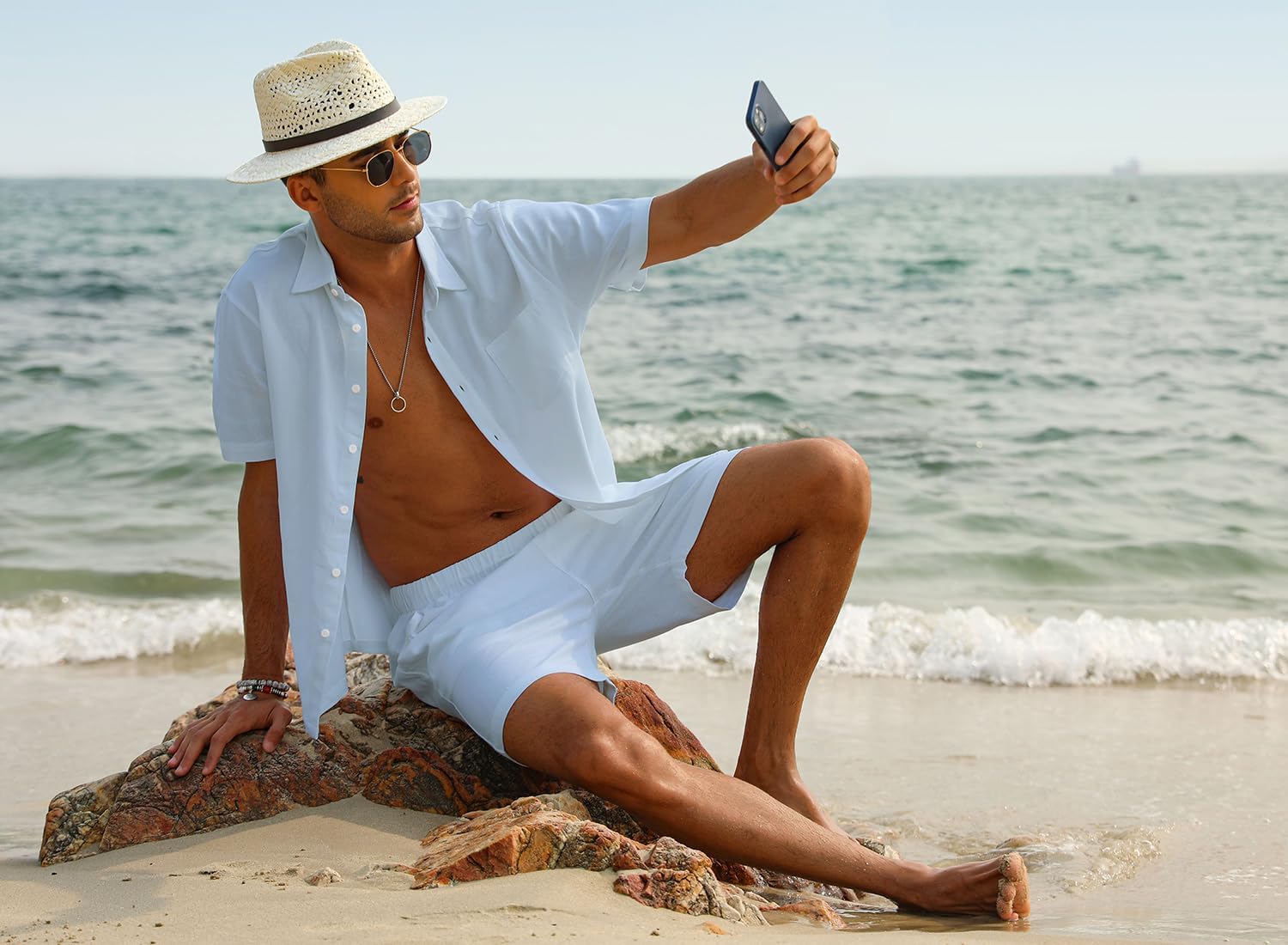 EISHOPEER Men Linen Sets Outfits Casual Short Sleeve Button Down Shirts Cotton Linen Beach Shorts Set