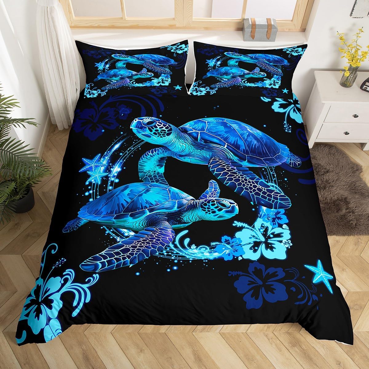 Manfei Sea Turtle Kids Duvet Cover Set King Size, Blue Flower Starfish Bedding Set for Boys Girls Adult, Marine Animal Theme Comforter Cover, Soft Polyester Quilt Cover, 2 Pillowcases,No Comforter