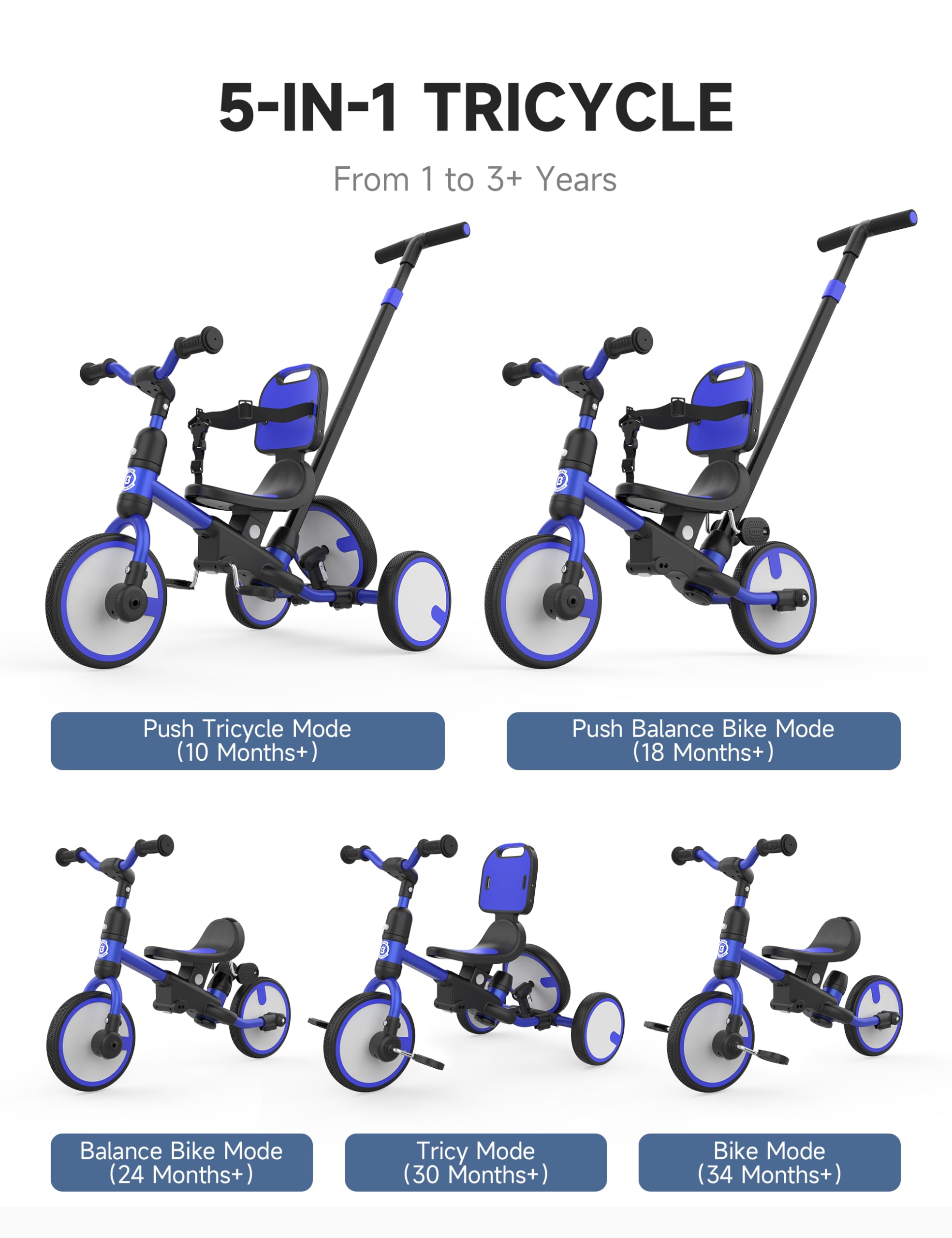 Besrey Triciclo Bambini 5 in 1 – Triciclo Evolutivo con Maniglione e Ruota di Scorta, Bici Senza Pedali per Bambini da 18 Mesi Dotato di Schienale e Cintura, Regalo Compleanno per Bambini (Blu scuro)