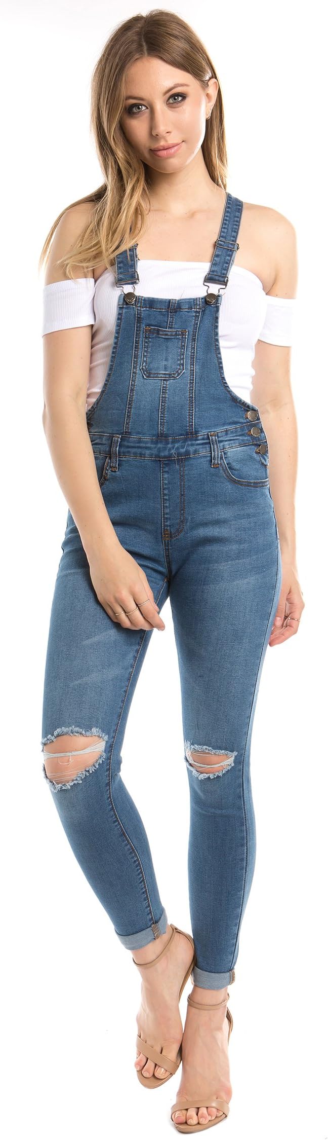 American Bazi Women's Distressed Fitted Overalls Plus, Blue, XXX-Large