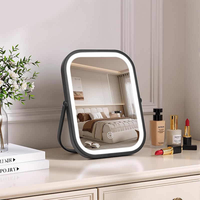 Espelho compacto de maquiagem Bearolve com iluminação, bateria de 1500 mAh, 3 cores, ajuste de intensidade, rotação de 360° e bolsa, preto