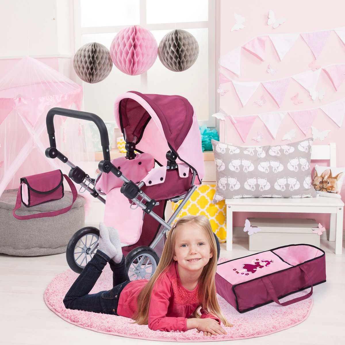 Bayer Design 13614AA wózek dla lalek City Star, bordowy/miękki różowy