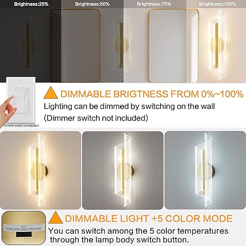 Miniatura 5 de Apliques de pared dorados de 19.7 pulgadas, modernos apliques de pared regulables, lámpara de pared LED regulable para interiores, lámparas de pared