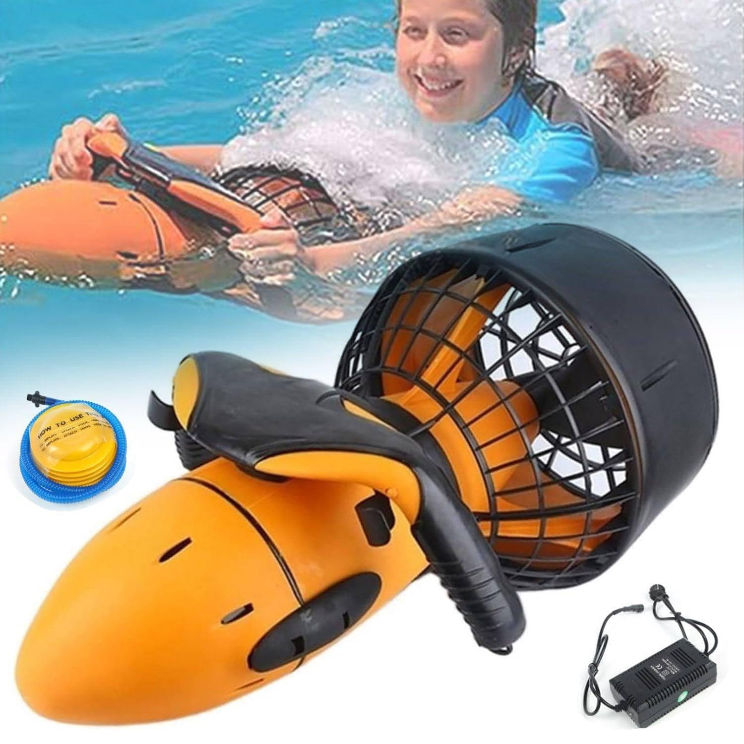 Scooter submarino de propulsión acuática, dispositivo sumergible con hélice de agua, batería de litio de 500 W, dispositivo de natación para deportes acuáticos en piscinas.,Orange