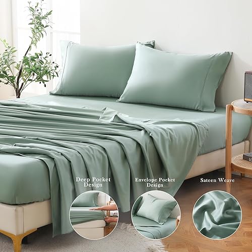 Miniatura 5 de Bedlifes Sábanas refrescantes de 800 hilos 100% algodón egipcio, suaves y transpirables, tejido satinado, sábanas de hotel de lujo, 16 bolsillos