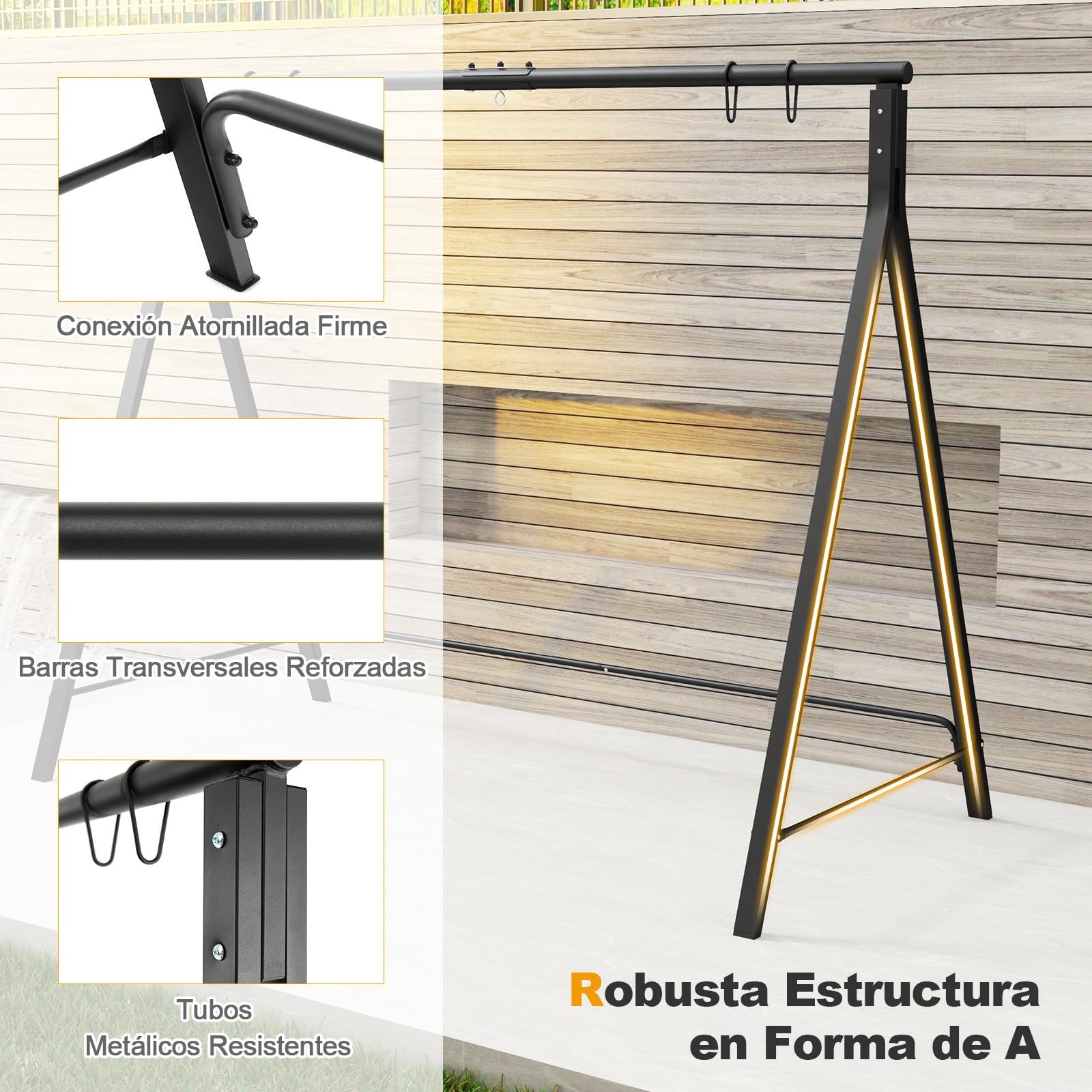 COSTWAY Estructura Columpio, Marco en Forma de A en en Acero, 2 Maneras de Colgarla, Soporte Silla Colgante Patio Terraza Balcón Jardín Exterior, 210 x 115 x 175 cm