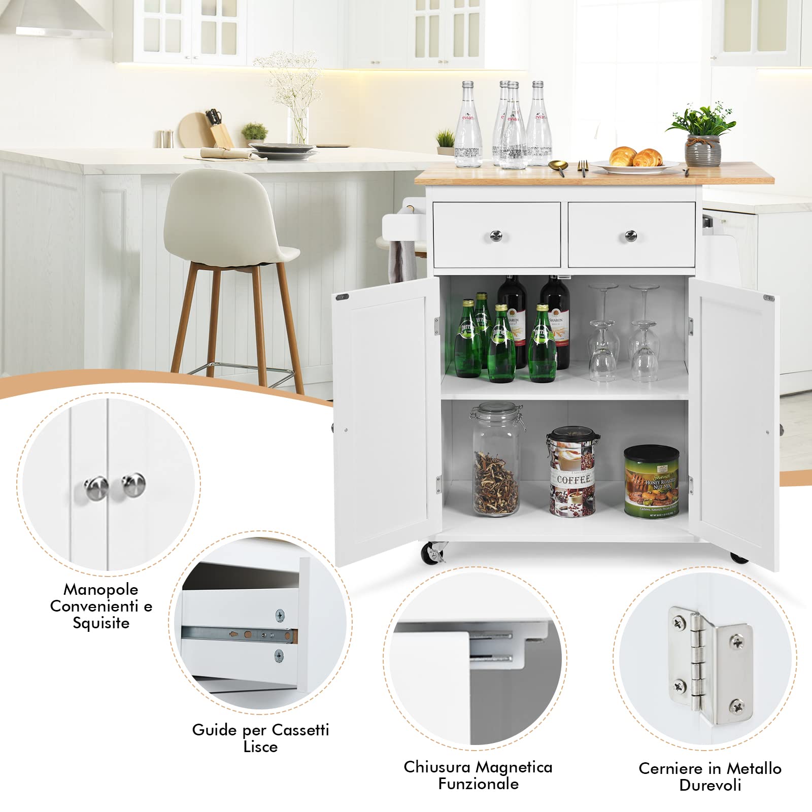 COSTWAY Carrello di Servizio Cucina con Ruote, 2 Cassetti e Portaspezie, Portasciugamani e 2 Porte, Ideale per Casa Ristorante e Bar, MDF + legno di gomma 88x45x89,5 cm (Bianco)