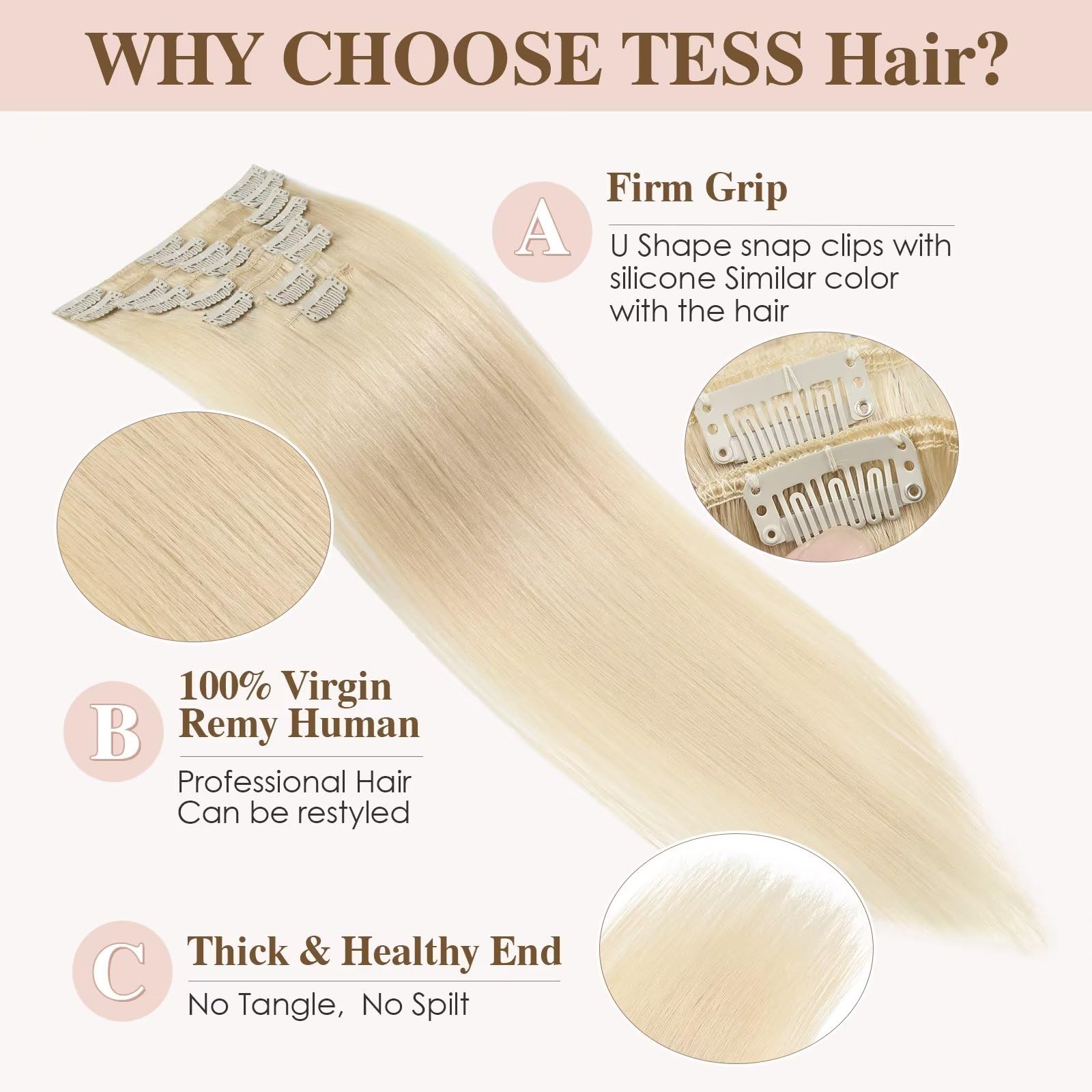 TESS Clip in Extensions Echthaar, 8pcs Clip in Haarverlängerung Remy Echt Haare Natürliche 18 Clips 8 Tressen Clip in Extensions Human Hair 75g 55 cm Lichtblond