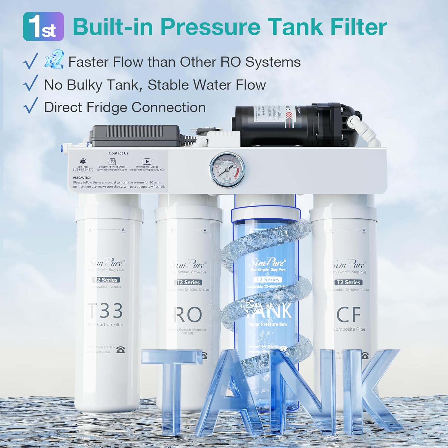 SimPure T2-600T Reverse Osmosis Water Filter System, Clear Water Near 0 TDS, NSF/ANSI 58 Certified, Built-in Pressure Tank Filter, UV, 600 GPD 8 Stage RO Filtration 2:1 Pure to Drain Ratio