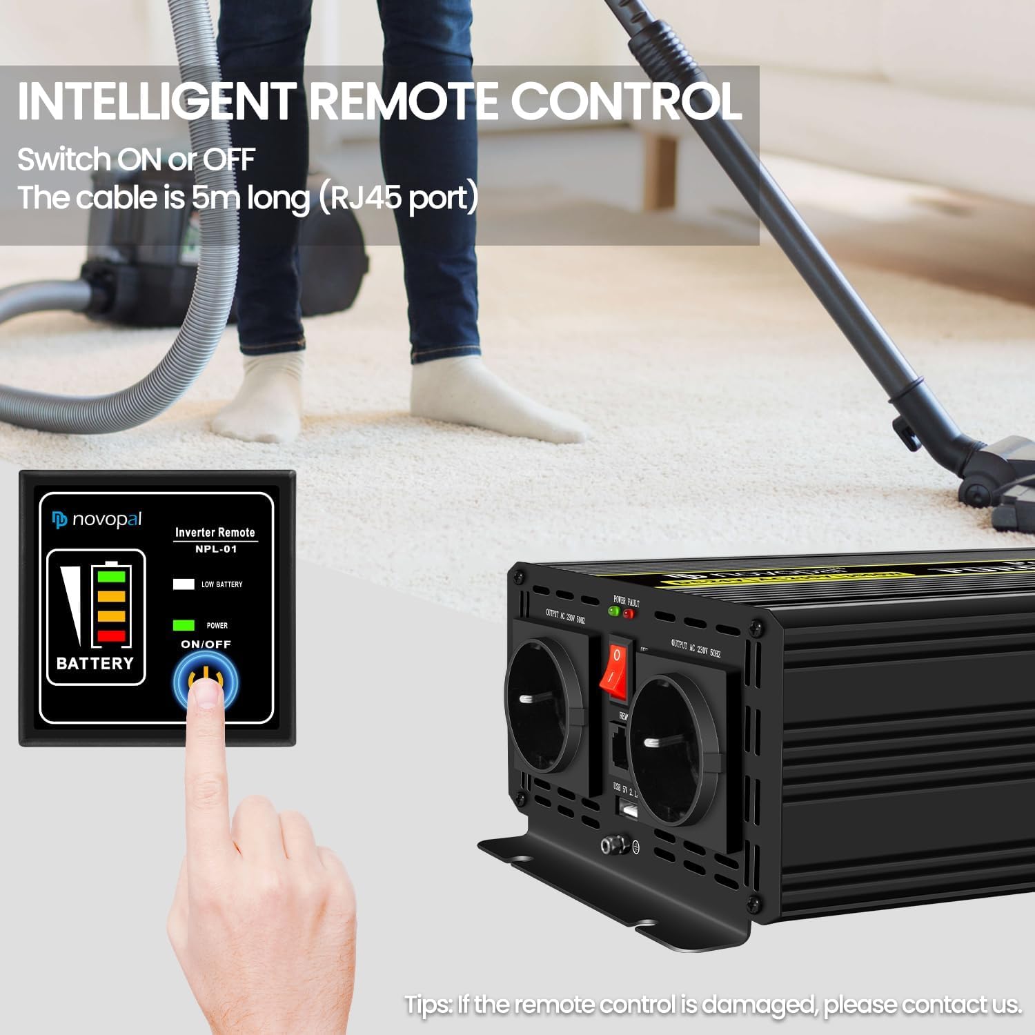 NOVOPAL 3000W/6000W Inversor 12V 220V Onda Pura Convertidor | 5M Mando a Distancia, 2.4A Puertos USB, 2EU AC para Camión, Coche, Caravana,Barco,Camping,Viajes
