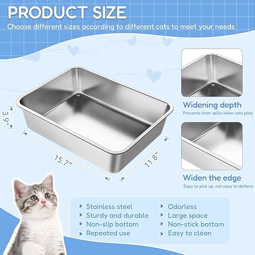 Miniatura 2 de LIHONG Caja de arena de acero inoxidable para gatos, caja de arena de metal grande para gatos pequeños y grandes, sin olor, antiadherente, fácil de