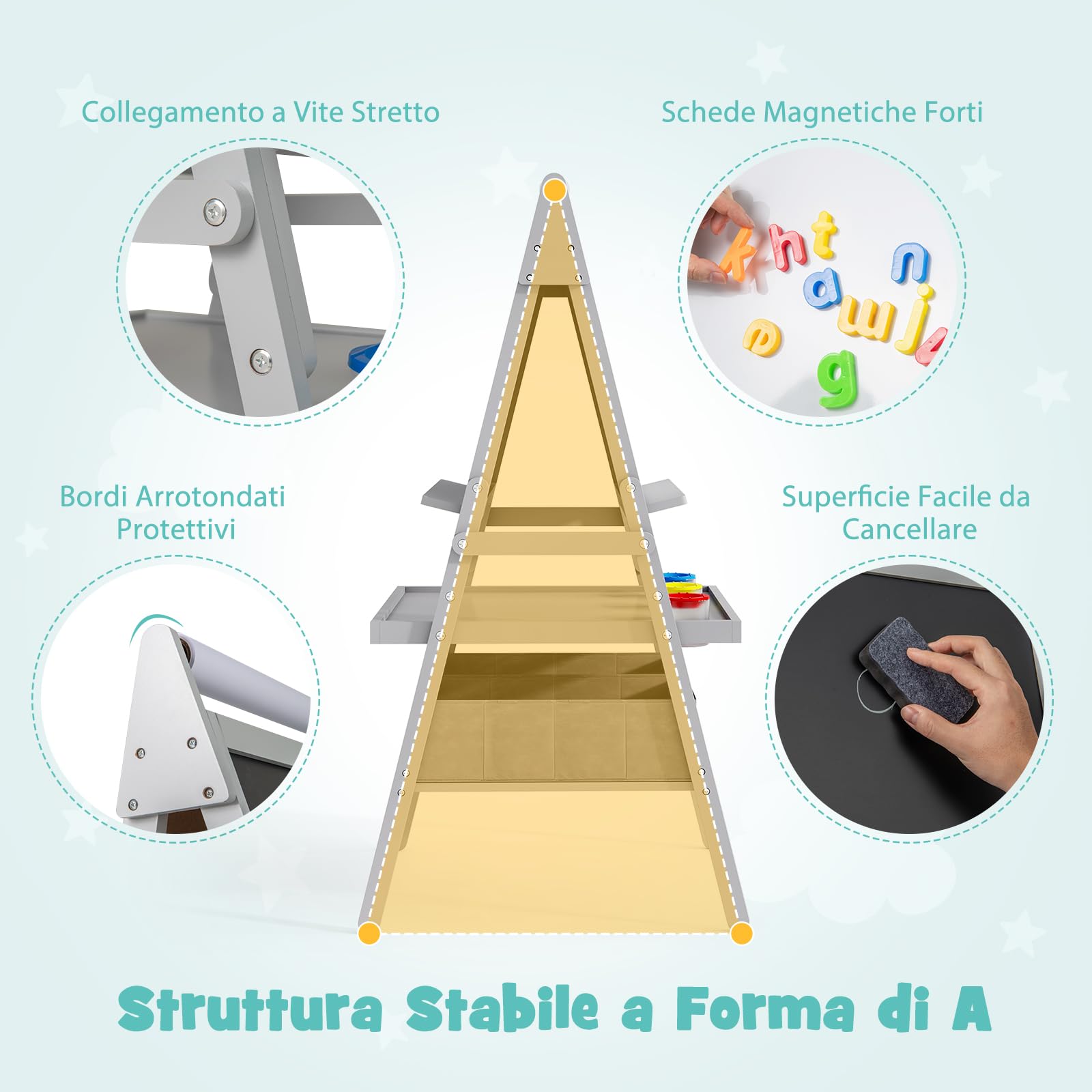 RELAX4LIFE 3 in 1 Lavagna per Bambini, Cavalletto con Doppia Faccia Magnetica e Lavagna Bianca, Rotolo di Carta, Scaffale Doppio e 2 Cesto in Tessuto Pieghevole, 3 Tazze, per 3+ Anni