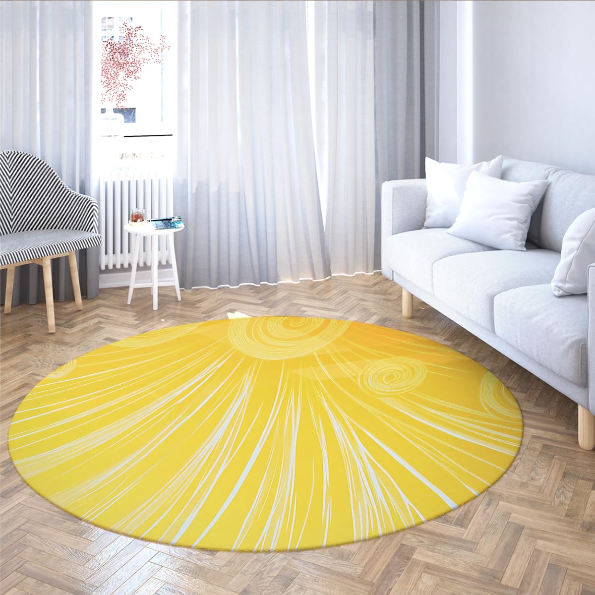 Tappeto tondo giallo caldo e brillante Linee a irradiazione e motivi a spirale Tappeto a pelo basso per soggiorno Camera da letto Nursery Appartamento 200x200cm