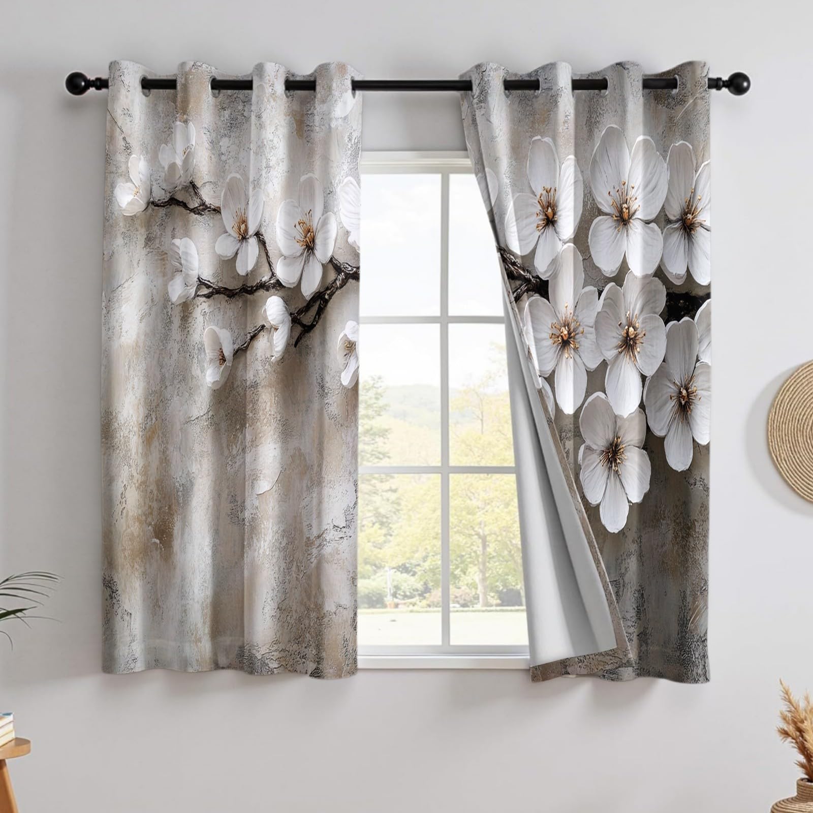 Rideaux Occultants Opaques Thermiques à Œillets Lot de 2, pétales de Fleurs de Cerisier pour Fenêtre et Porte, 132L X 210H cm