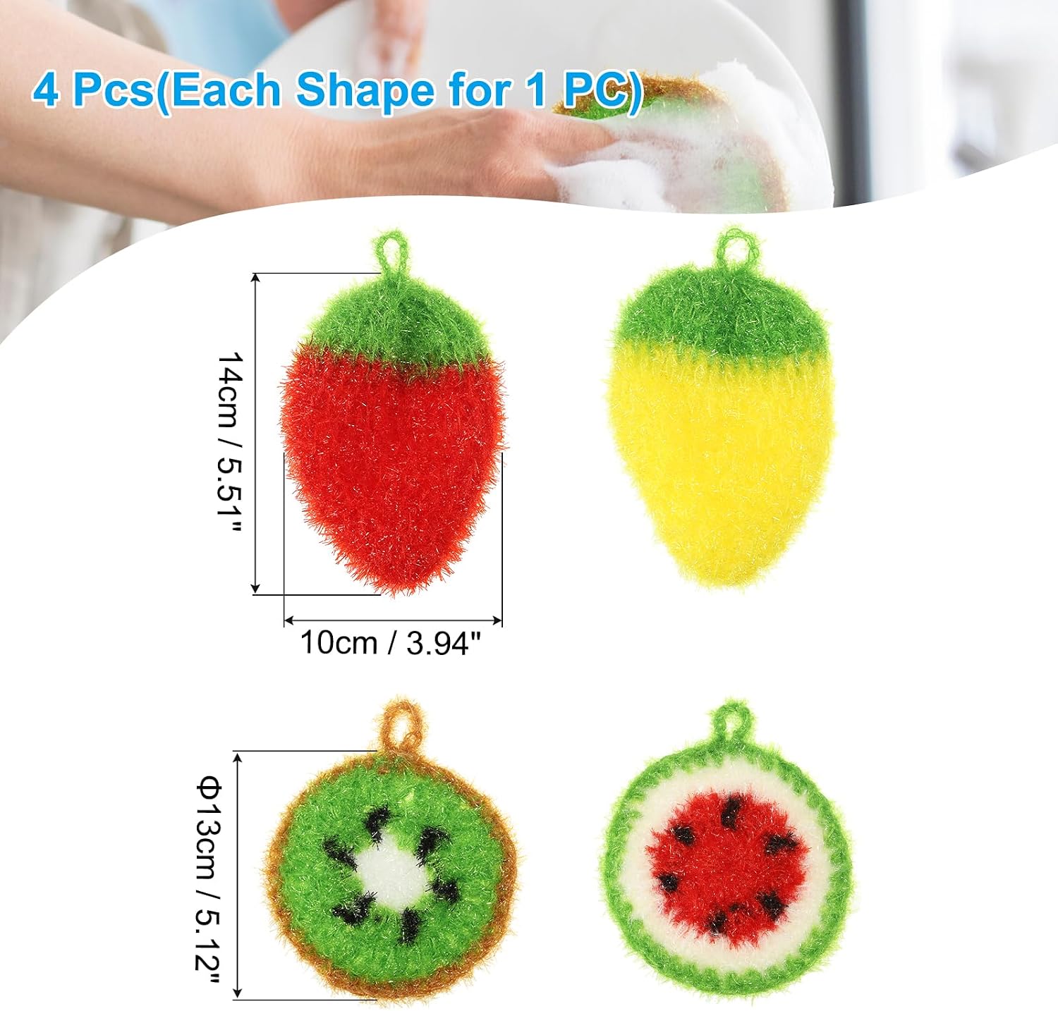 PATIKIL Dish Scrubber, 4 Pcs Non Scratch Cleaning Sponge Hand Crochet Double Layered Durable Dish Cloth Kitchen Sponge for Washing Dishes for Cookware Tubs, Watermelon & Fruit & Strawberry image 2