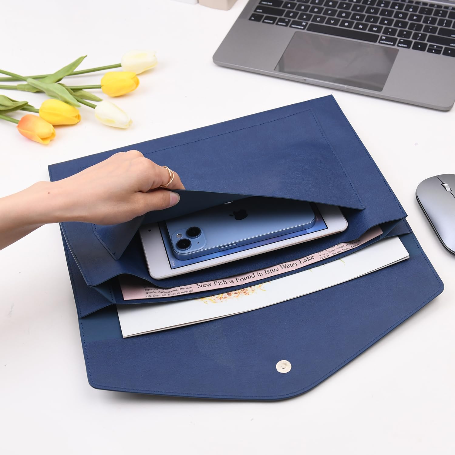 Wason Expanding A4 Document File PU Leather Envelope Case Holder-Large Size Pockets for Paper Bills Stationery Tablet and PC, Work Study Traveling (Dark Blue) image 2