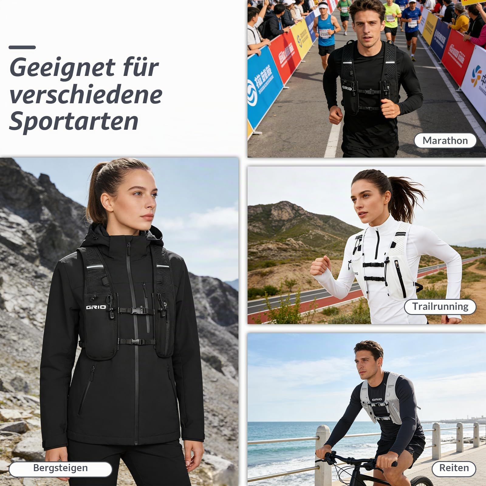 GRIO Laufweste Damen Herren mit 1,5L Trinkblase, Ultraleicht Verstellbar Reflektierend, Running Vest Trinkweste Laufen mit Handyfach, Laufrucksack Trinkrucksack für Wandern