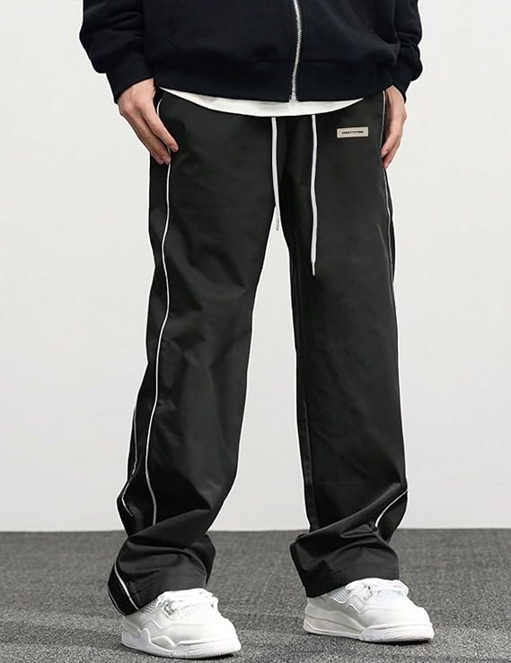 FCOOLYEET Men Track Pants Y2k Lightweight Drawstring Sweatpants Baggy Parachute Pants Streetwear
